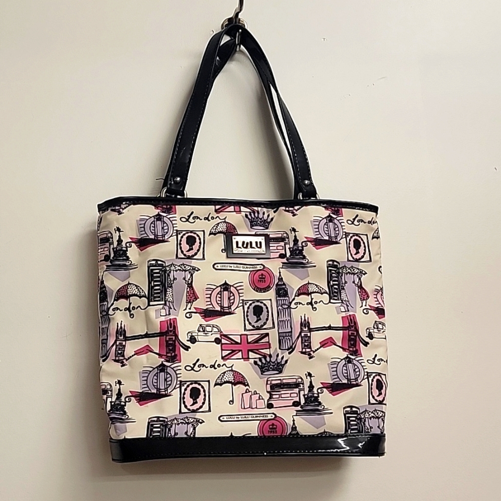Lulu Guinness London Print Cream Black Pink Tote Bag with wristlet